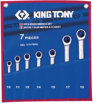 12107MRN Набор комбинированных трещоточных ключей, 10-19 мм, чехол из теторона, 7 предметов KING TON